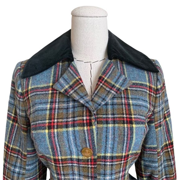 Vintage 90s VIVIENNE WESTWOOD F/W 1994 Wool Tartan Plaid Jacket Velvet Trim Orb - Picture 2 of 12